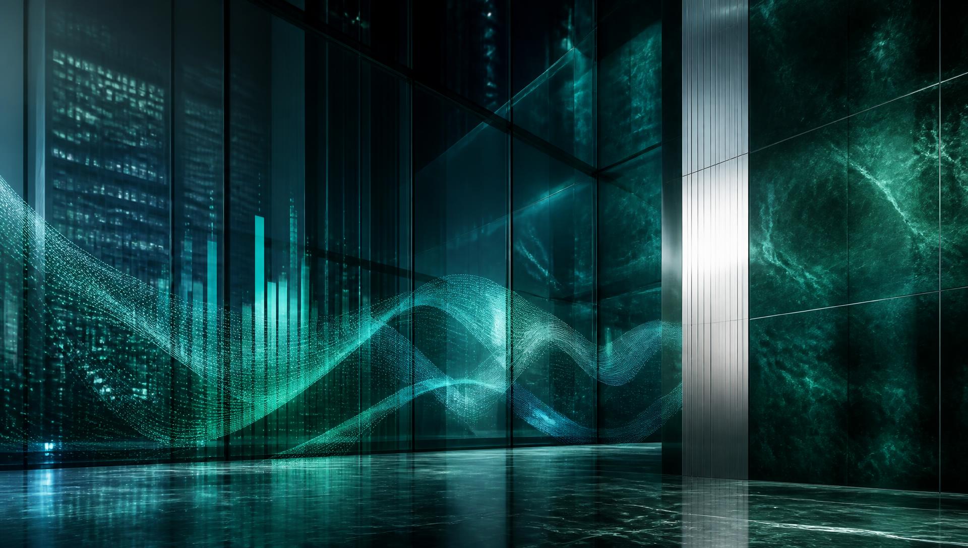 Modern financial trading floor with glowing market data